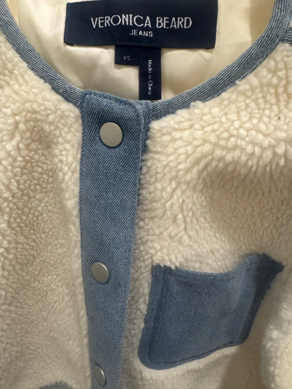 Veronica Beard Cream Faux Shearling Jacket with Light Blue Denim Trim - Picture 1 of 8